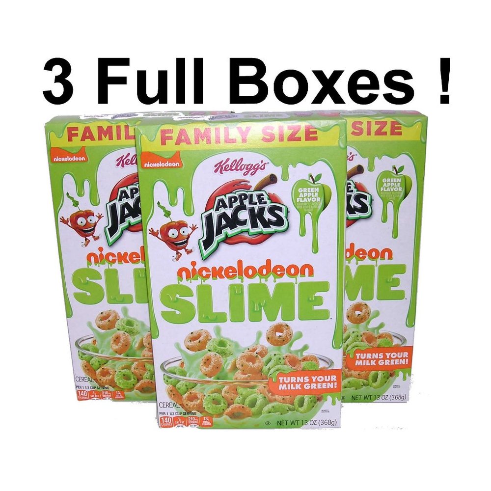 3 Box Apple Jacks Cereal Nickelodeon Slime Green Apple Flavor Foodie Kids Gift